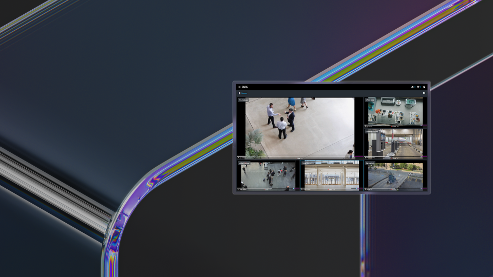 Interface du tableau de bord du logiciel de gestion vidéo Genetec, affichant plusieurs flux de caméras en direct et des fenêtres de relecture.
