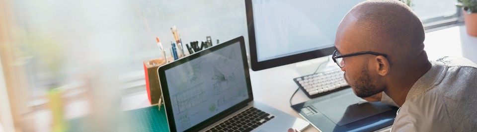 Medewerker die naar een werkblad op zijn laptop kijkt
