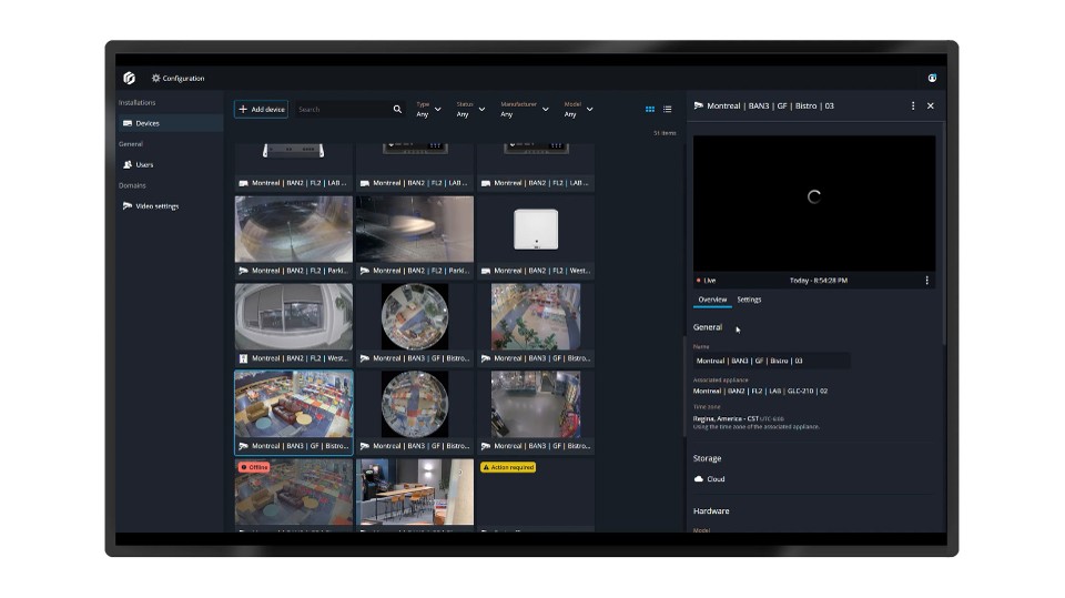 Security Center SaaS dashboard with live camera tiles and unified security panels, helping teams centrally manage video, access control, and intrusion for the entire enterprise.