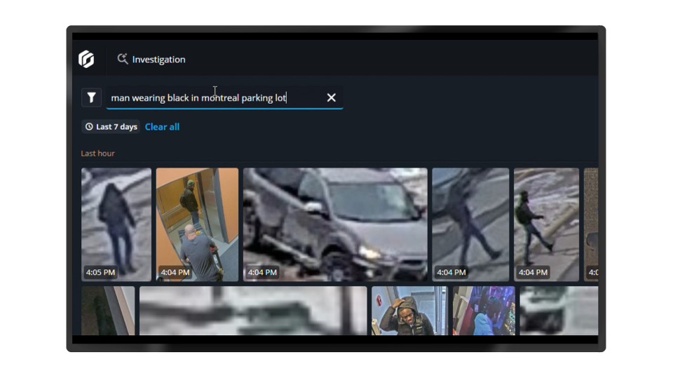 Security Center SaaS investigation screen with evidence tiles, using AI-powered search to quickly find relevant video from all connected devices.