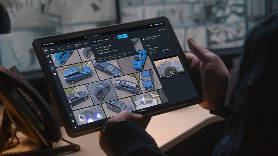 Ein Anwender verwendet bei der Fahrzeuguntersuchung ein Tablet für Genetec Sicherheitslösungen.